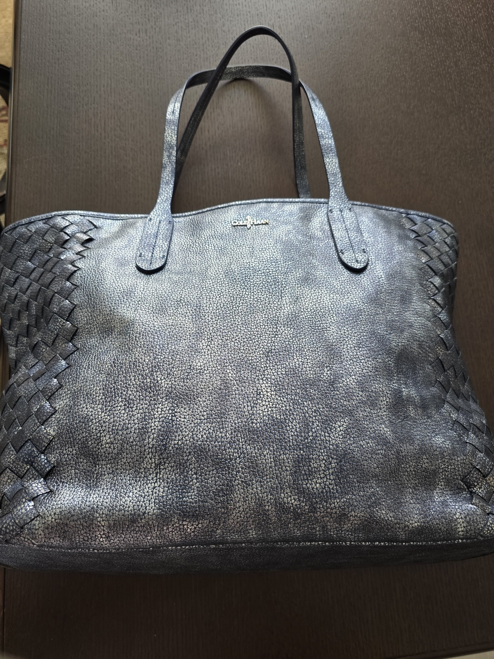 Cole Haan Metallic Blue Woven-Trim Tote